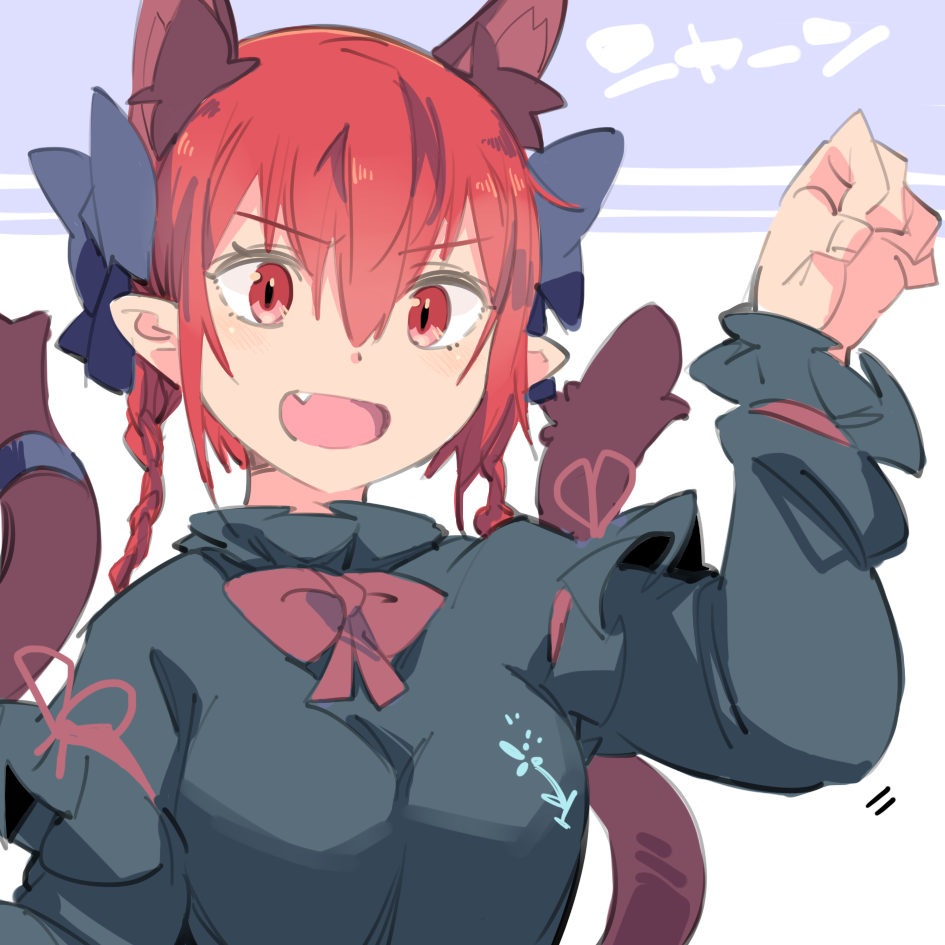 1girl :d akuma_(akuma0907) animal_ears blush braid breasts cat_ears cat_tail dress extra_ears fang hair_ribbon kaenbyou_rin medium_breasts multiple_tails open_mouth paw_pose red_eyes redhead ribbon smile solo tail touhou twin_braids two_tails