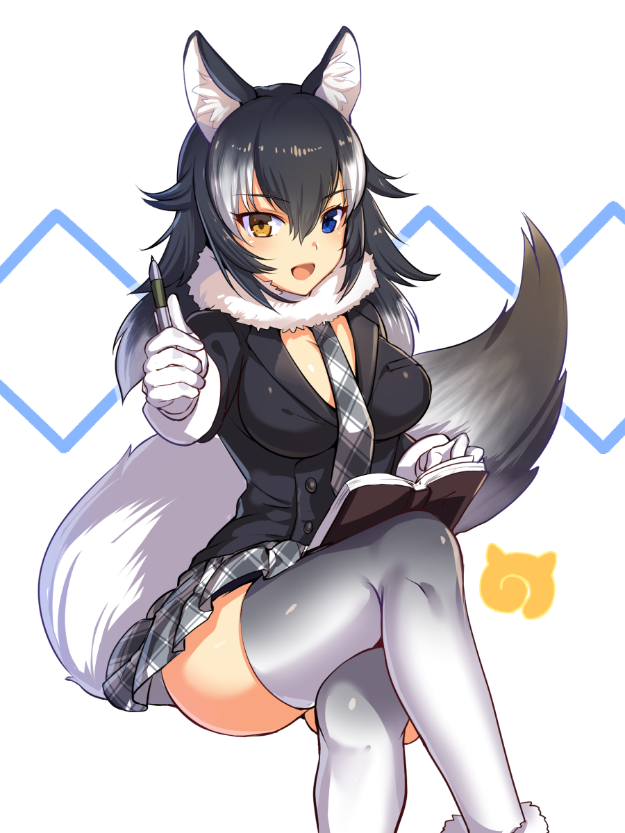 1girl animal_ears between_breasts black_hair blue_eyes breasts cleavage fur_collar gloves grey_wolf_(kemono_friends) heterochromia highres ikomochi kemono_friends large_breasts legs_crossed long_hair long_sleeves looking_at_viewer multicolored_hair necktie necktie_between_breasts notebook open_mouth pencil sitting skirt solo tail two-tone_hair wolf_ears wolf_tail yellow_eyes