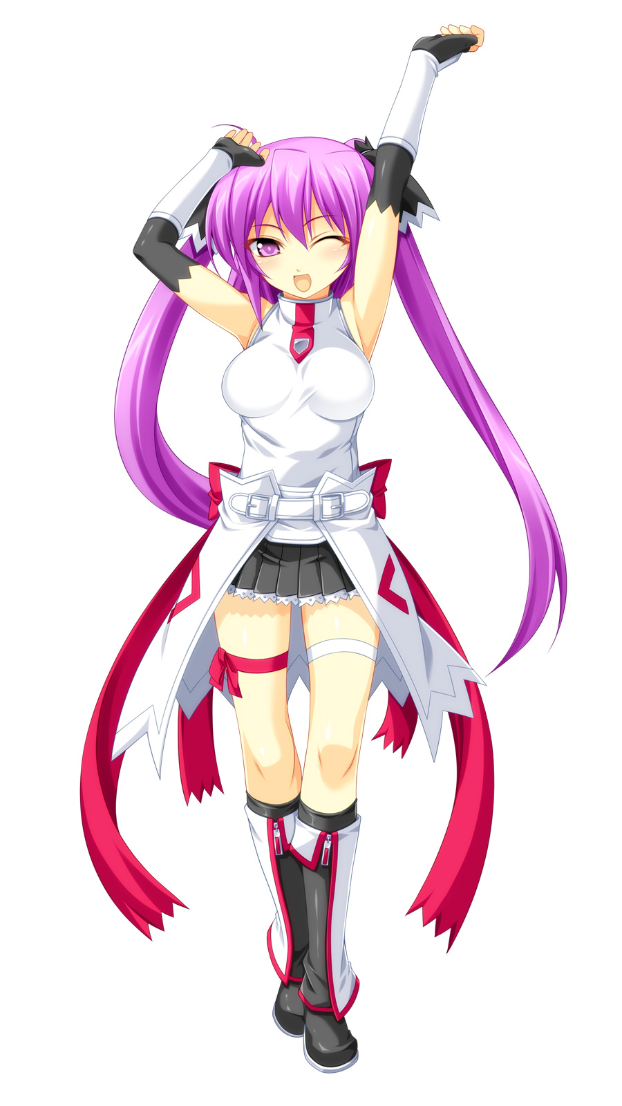 1girl armpits arms_up bangs bare_shoulders beatmania beatmania_iidx belt beltskirt boots elbow_gloves eyebrows_visible_through_hair fingerless_gloves frills gloves highres kinoshita_ichi knee_boots long_hair looking_at_viewer miniskirt mizushiro_celica one_eye_closed open_mouth original pleated_skirt purple_hair ribbon shirt simple_background skirt sleeveless smile solo twintails violet_eyes white_background