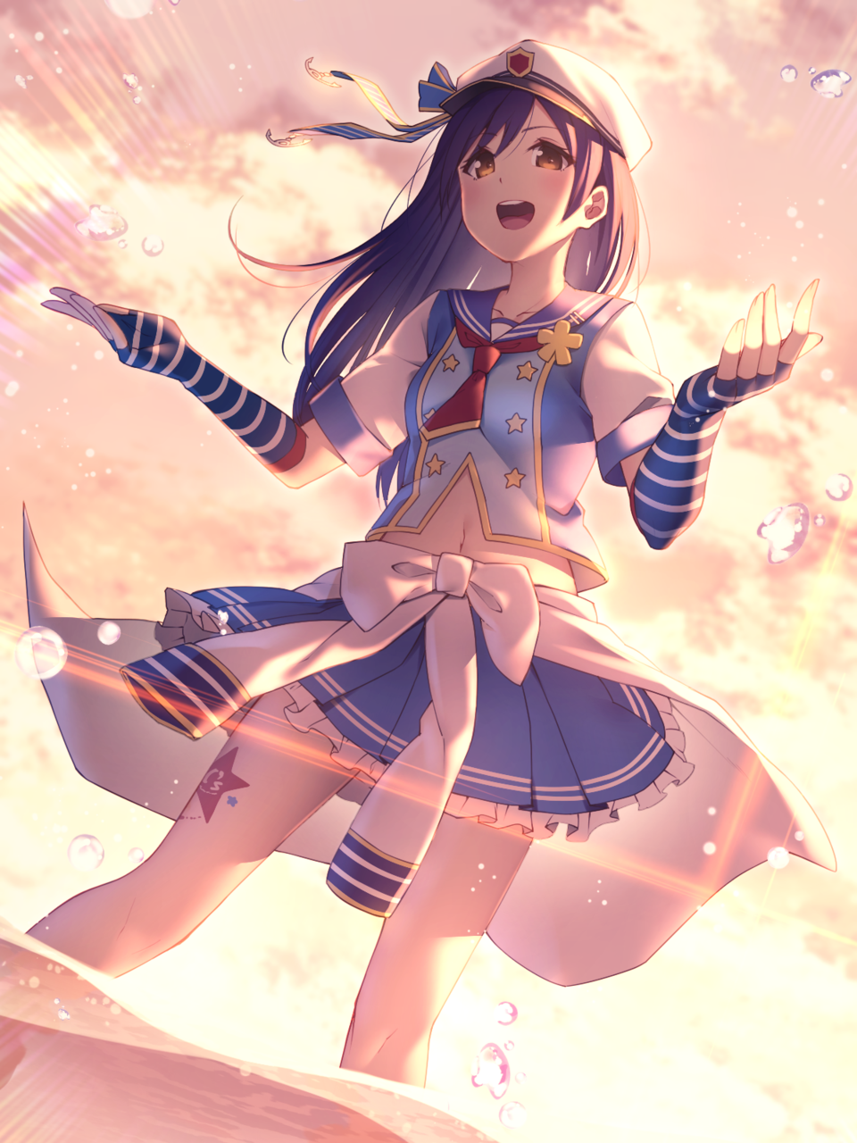 1girl :d backlighting bangs beret blue_hair blue_skirt blush bodypaint clouds cloudy_sky collarbone dutch_angle evening hands_up hat highres legs_apart light_rays long_hair love_live! love_live!_school_idol_project nagareboshi navel open_mouth outdoors outstretched_hand pleated_skirt sailor_collar skirt sky smile solo sonoda_umi standing wading water_drop yellow_eyes