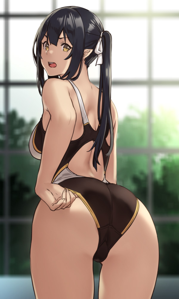 &gt;:o 1girl :o adjusting_clothes adjusting_swimsuit ass bent_over black_hair blurry commentary competition_swimsuit cowboy_shot depth_of_field elf_(houtengeki) from_behind hair_between_eyes hair_ribbon houtengeki long_hair looking_at_viewer looking_back one-piece_swimsuit open_mouth original pointy_ears ribbon solo swimsuit trefoil twintails white_ribbon yellow_eyes