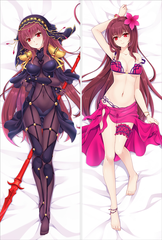 1girl arm_behind_back arm_up armor armpits bakugadou bangs bare_arms barefoot bed_sheet bikini blush bodysuit bracelet breasts brown_hair closed_mouth collarbone covered_navel dakimakura fate/grand_order fate_(series) flower full_body gae_bolg gluteal_fold groin hair_between_eyes hair_flower hair_intakes hair_ornament head_tilt heart holding holding_weapon jewelry knees_together_feet_apart large_breasts leg_garter legs_together long_hair looking_at_viewer lying multiple_views navel no_shoes on_back pauldrons pendant pink_bikini polearm purple_bodysuit red_eyes sarong scathach_(fate/grand_order) shoulder_armor sidelocks smile spear stomach swimsuit thigh_gap transparent very_long_hair weapon