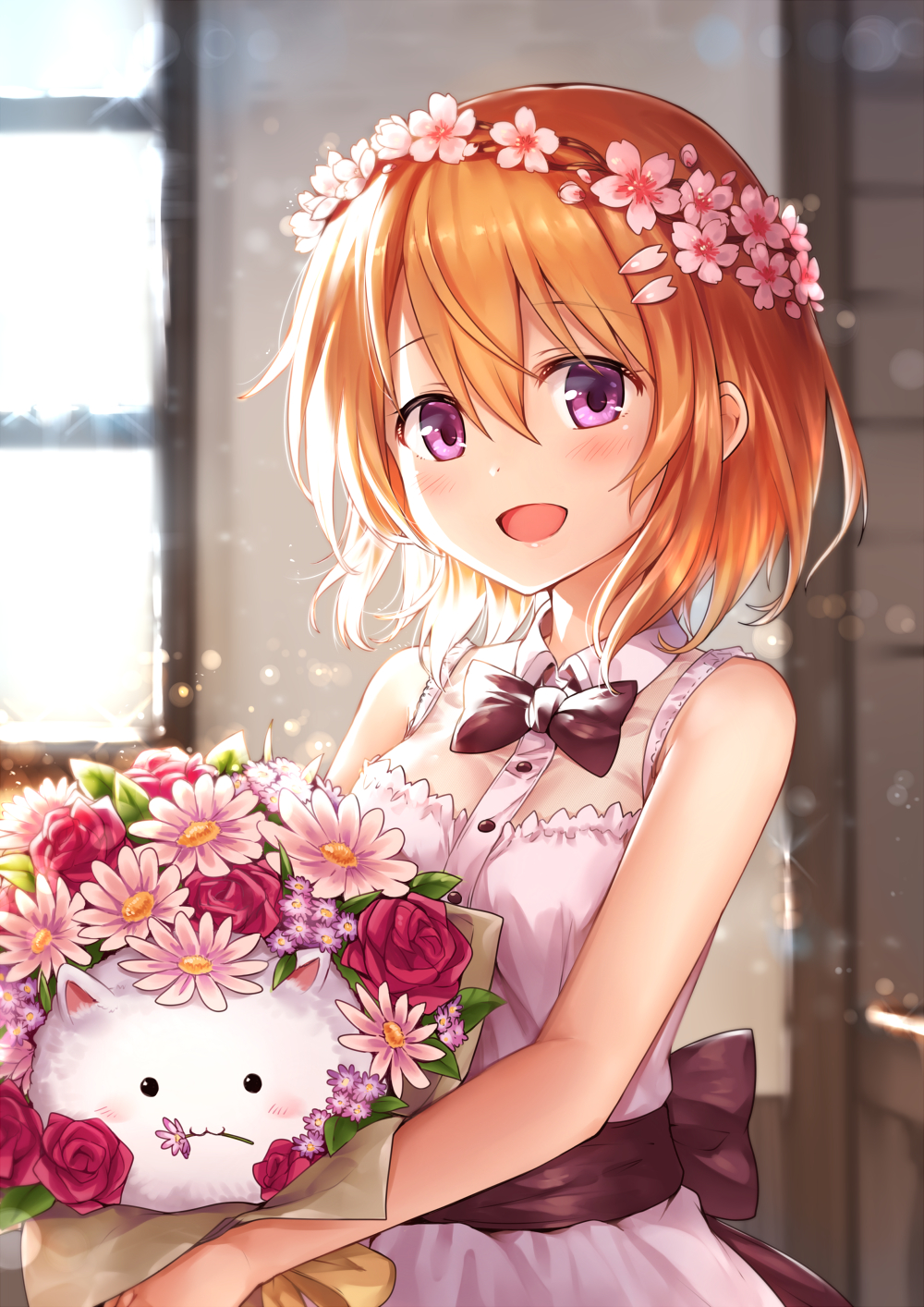 blush dress gochuumon_wa_usagi_desuka? hair_flower happy orange_hair purple_eyes short_hair