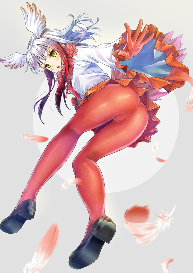1girl :o ass blue_sky blush clouds crested_ibis_(kemono_friends) day feathers frilled_skirt frilled_sleeves frills from_below full_body fur_collar gradient_hair grey_background head_wings jitome kemono_friends kotatsu_(kotatsu358) legs long_sleeves looking_at_viewer multicolored_hair open_mouth pantyhose red_legwear red_ribbon red_skirt ribbon shirt short_hair_with_long_locks skirt sky solo two-tone_hair white_hair white_shirt wide_sleeves yellow_eyes