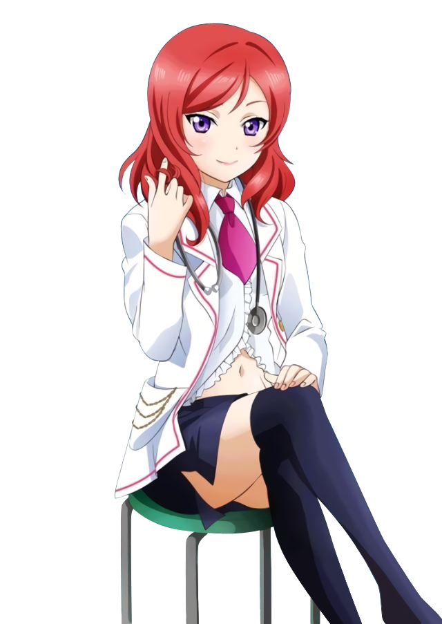 1girl belly_button black_legwear black_skirt doctor hair_twirling hand_on_own_knee legs_crossed long_hair looking_at_viewer love_live! love_live!_school_idol_project midriff navel necktie nishikino_maki parted_lips purple_necktie redhead shirt short_necktie sitting skirt smile solo stethoscope stomach thigh-highs transparent_background violet_eyes white_shirt zettai_ryouiki