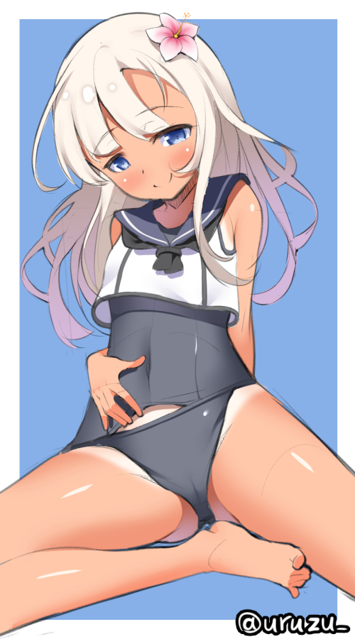 1girl barefoot blonde_hair blue_eyes crop_top flower gluteal_fold hair_flower hair_ornament kantai_collection kurogoma_(haruhi3) long_hair looking_at_viewer one-piece_tan ro-500_(kantai_collection) sailor_collar school_swimsuit school_swimsuit_flap sitting smile solo swimsuit swimsuit_under_clothes tan tanline twitter_username