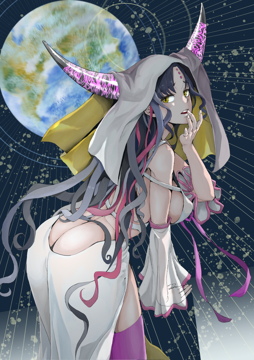 1girl back_cutout bangs black_hair breasts clothing_cutout commentary detached_sleeves dress earth_(planet) eyebrows_visible_through_hair facial_mark fate/grand_order fate_(series) fingernails forehead_mark forehead_tattoo from_side hand_on_own_face highres horns large_breasts leaning_forward long_hair long_sleeves looking_at_viewer multicolored_hair okashizuru parted_bangs parted_lips pink_hair pink_legwear pink_ribbon planet ribbon sesshouin_kiara sideboob solo streaked_hair thigh-highs veil very_long_hair white_dress white_sleeves wide_sleeves yellow_eyes