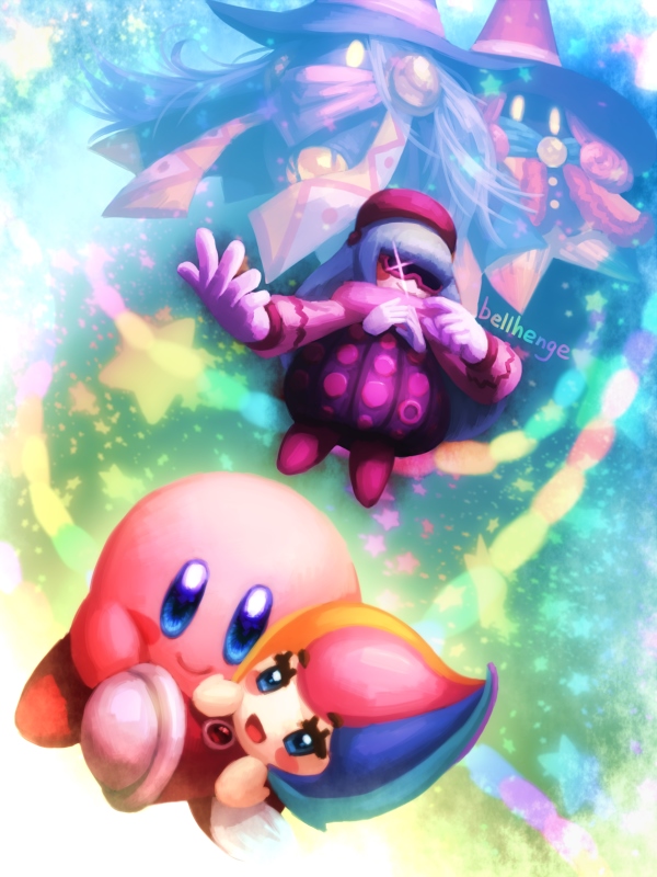 1girl artist_name bellhenge character_request claycia drawcia elline_(kirby) flying kirby kirby_(series) kirby_and_the_rainbow_curse looking_at_viewer monster multicolored_hair paintra smile