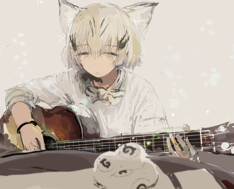 1girl :o acoustic_guitar alternate_costume animal_ears blonde_hair bow bowtie bracelet cat_ears custom_(cus-tom) eyebrows eyebrows_visible_through_hair eyelashes food grey_background guitar hair_between_eyes instrument japari_bun jewelry kemono_friends long_sleeves mewhan multicolored_hair music no_gloves open_mouth playing_instrument sand_cat_(kemono_friends) shirt short_hair singing sketch solo streaked_hair striped striped_bow striped_bowtie tareme white_shirt yellow_eyes