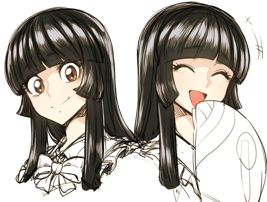 1girl black_hair bow brown_eyes expressions eyebrows_visible_through_hair hime_cut houraisan_kaguya laughing open_mouth sidelocks smile space_jin tareme tongue touhou wide_sleeves