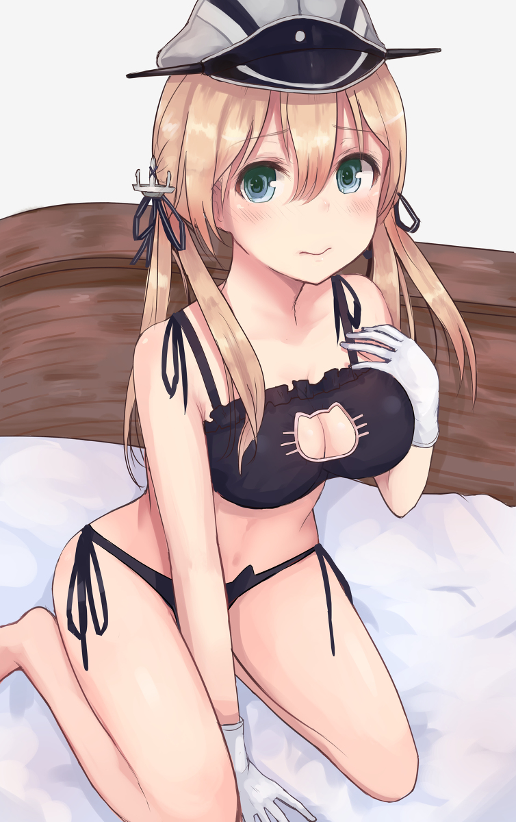 1girl anchor_hair_ornament aqua_eyes bangs bare_arms bare_legs bare_shoulders barefoot bed black_bra black_panties black_ribbon blonde_hair blush bra breasts cat_cutout cat_ear_panties cat_lingerie cleavage cleavage_cutout closed_mouth collarbone eyebrows_visible_through_hair frilled_bra frills gloves hair_between_eyes hair_ornament hair_ribbon hair_tie hand_on_own_chest hand_up hat highres image_sample indoors kantai_collection kinryuu kneeling large_breasts long_hair looking_at_viewer low_twintails meme_attire military_hat on_bed panties peaked_cap prinz_eugen_(kantai_collection) ribbon shiny shiny_hair side-tie_panties sitting solo twintails underwear underwear_only white_gloves