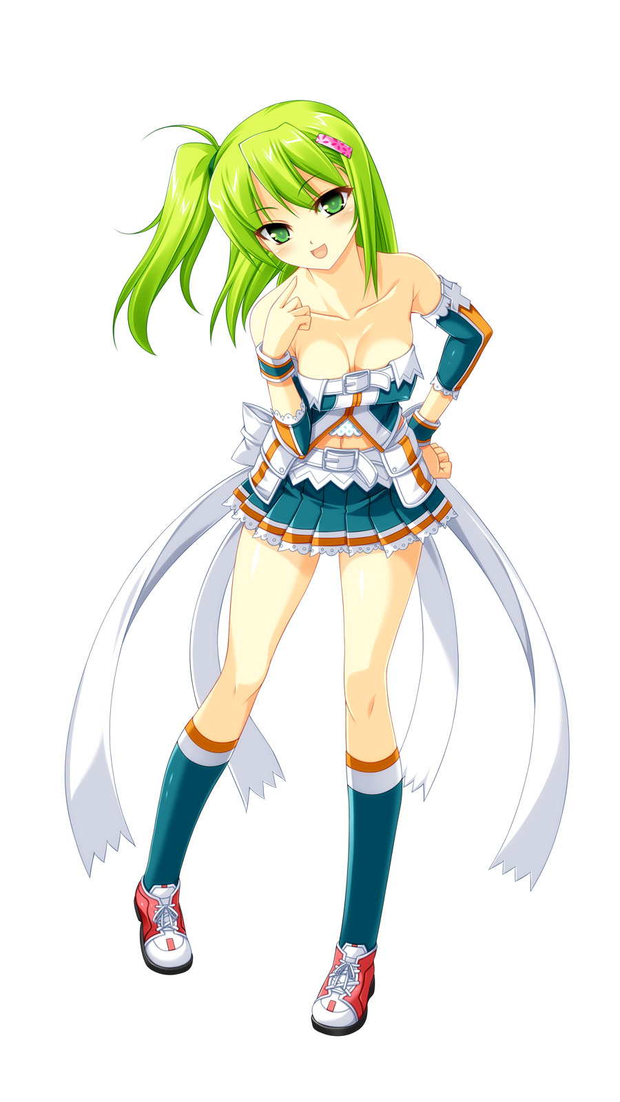 1girl bare_shoulders beatmania beatmania_iidx beltskirt blush breasts cleavage collarbone detached_sleeves eyebrows_visible_through_hair full_body green_eyes green_legwear hair hair_ornament hairclip hand_on_hip highres kinoshita_ichi kitami_erika looking_at_viewer medium_breasts midriff miniskirt open_mouth ponytail shoes side_ponytail simple_background skirt sneakers socks solo white_background wristband
