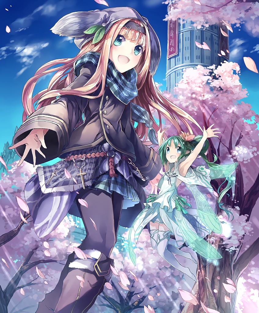 2girls animal_ears animal_hat aqua_eyes artist_request blonde_hair blue_eyes boots cherry_blossoms cross cygames fairy fairy_wings fake_animal_ears freshman_lou green_hair hat jacket long_hair multiple_girls official_art pantyhose petals scarf shadowverse shingeki_no_bahamut skirt smile tower tree wings