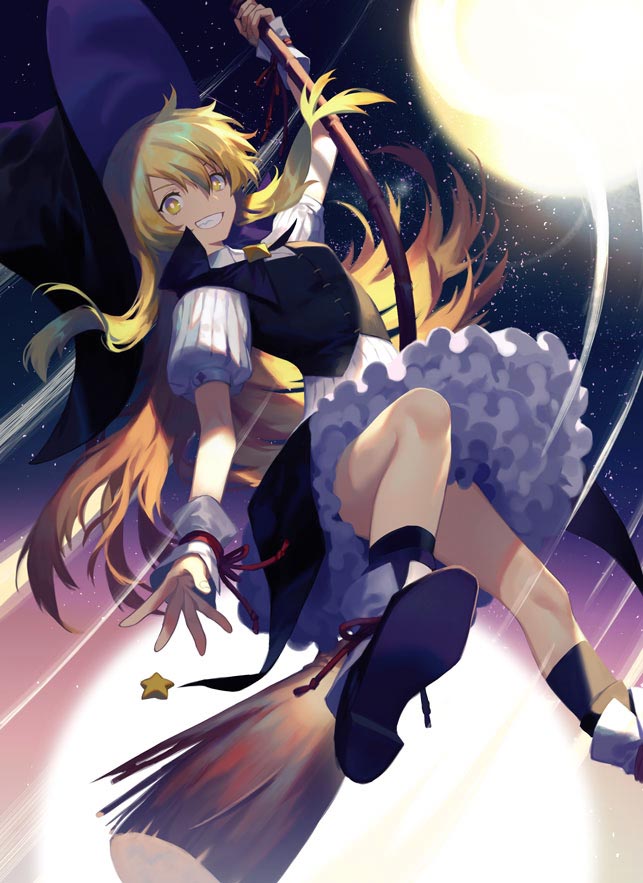 1girl black_skirt blonde_hair bodice broom capelet commentary_request full_body full_moon grin hat kirisame_marisa long_hair lor968 moon petticoat puffy_short_sleeves puffy_sleeves revision short_sleeves skirt sky smile solo star_(sky) starry_sky touhou upskirt very_long_hair witch_hat wrist_cuffs yellow_eyes