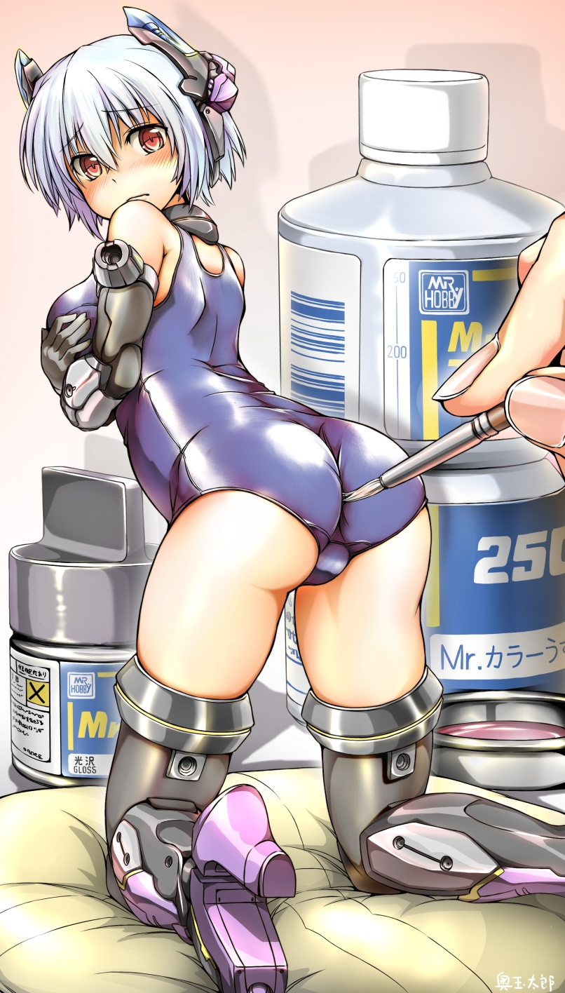 1girl arched_back artist_name ass barcode bare_shoulders blue_hair blush bottle breasts cushion embarrassed english eyebrows_visible_through_hair fingernails frame_arms_girl from_behind frown gradient gradient_background headgear high_heels highres holding_paintbrush hraesvelg kneeling looking_back mecha_musume medium_breasts nose_blush number okutama_tarou one-piece_swimsuit out_of_frame paintbrush red_eyes school_swimsuit silhouette solo_focus swimsuit