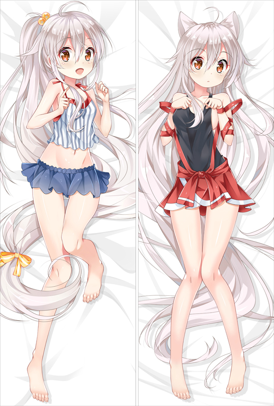 1girl ahoge animal_ears bakugadou bangs bare_arms bare_legs barefoot bed_sheet blue_skirt blush bow breasts brown_eyes chiya_(urara_meirochou) collarbone dakimakura eyebrows_visible_through_hair full_body hair_between_eyes hair_bobbles hair_bow hair_down hair_ornament knees_together_feet_apart long_hair long_ponytail looking_at_viewer lying midriff miniskirt multiple_views navel no_bra on_back open_mouth parted_lips pleated_skirt ponytail red_skirt see-through shirt sidelocks skirt sleeveless small_breasts smile stomach striped striped_bow striped_shirt thigh_gap urara_meirochou very_long_hair white_hair yellow_bow