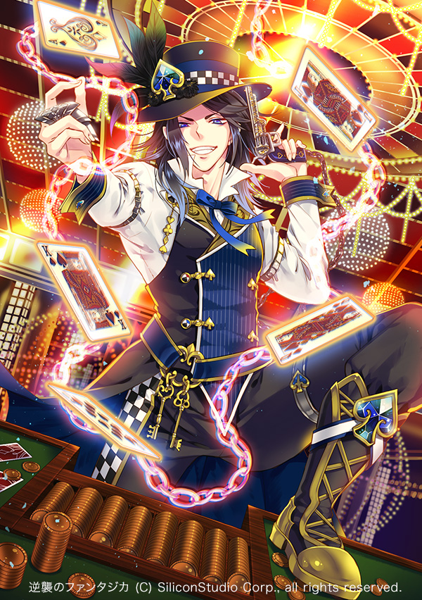 1boy black_hair blue_eyes boots bow bowtie card chains coin company_name feathers full_body gun gyakushuu_no_fantasica hat lamp male_focus official_art solo teeth weapon yukikana