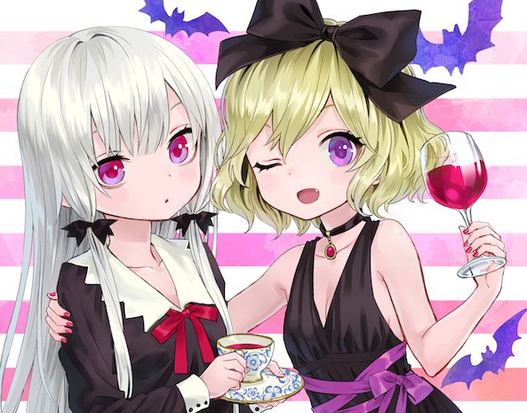 2girls :o ;d ama-tou animal_print armpit_peek bat_print belt black_bow black_choker black_dress black_ribbon blonde_hair blood blush bow breasts buttons choker cleavage collar collarbone collared_dress cup dot_nose dress drinking_glass erie eyelashes fang fingernails glass hair_between_eyes hair_bow hair_ornament hair_ribbon hand_on_another's_shoulder hand_up holding holding_cup holding_glass horizontal-striped_background horizontal_stripes jewelry long_hair looking_at_viewer multiple_girls nail_polish neck_ribbon one_eye_closed open_mouth pink_eyes pink_nails preview purple_belt red_ribbon ribbon sanpaku saucer shiny shiny_hair short_hair sideboob silver_hair sleeve_cuffs small_breasts smile sophie_twilight striped striped_background teacup tonari_no_kyuuketsuki-san tress_ribbon tsurime upper_body violet_eyes wavy_hair wine_glass