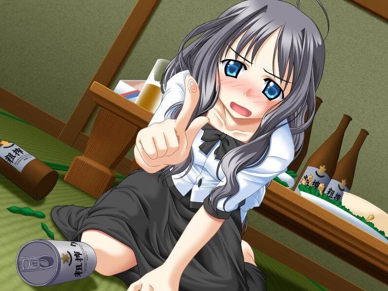 1girl 800x600 alcohol beer_cans blue_eyes blush bottles bow_tie dress drunk grey_hair long_hair looking_at_viewer solo tagme