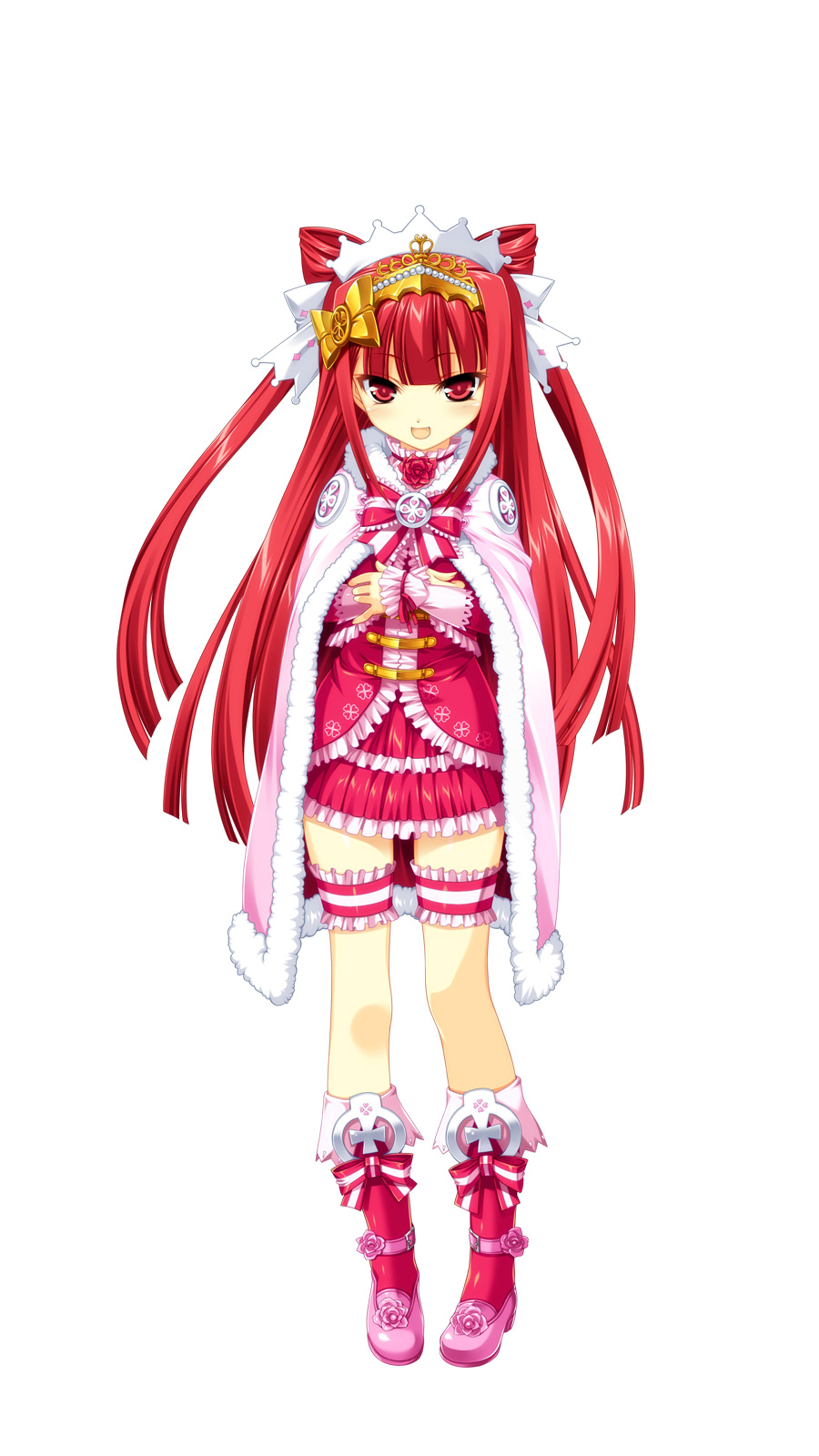 1girl bangs beatmania beatmania_iidx boots cape crown detached_sleeves dress eyebrows_visible_through_hair frills full_body fur_trim hair_ornament highres jewelry kinoshita_ichi knee_boots long_hair looking_at_viewer open_mouth pleated_skirt red_dress red_eyes red_hair redhead ribbon short_dress simple_background skirt smile solo thigh_strap umegiri_ameto white_background