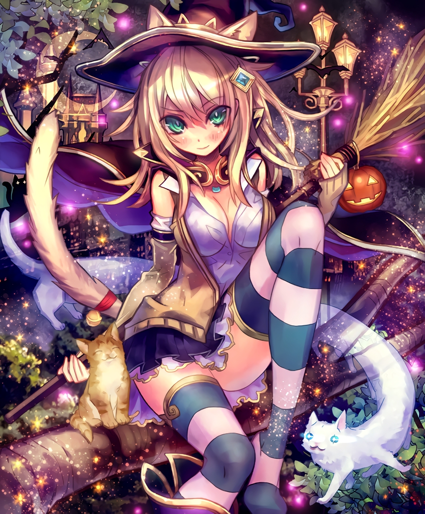 1girl animal_ears artist_request bell blonde_hair broom cape castle cat cat_ears cat_tail cygames detached_sleeves green_eyes hair_ornament hat in_tree jack-o'-lantern lamppost long_hair magic_girl_melvie moon official_art shadowverse shingeki_no_bahamut sitting sitting_in_tree skirt smile striped striped_legwear tail thigh-highs tree witch_hat