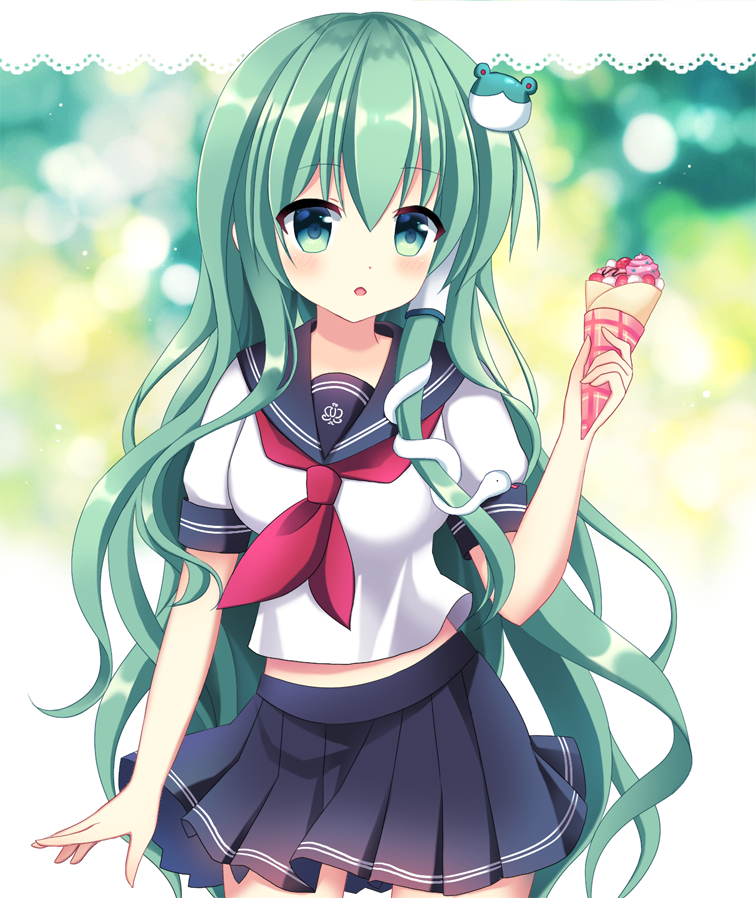 blush green_eyes green_hair hair_tubes kochiya_sanae long_hair seifuku touhou