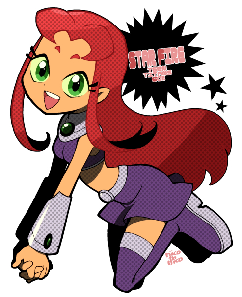 1girl boots breasts character_name crop_top dc_comics full_body green_eyes hands_together interlocked_fingers long_hair looking_at_viewer medium_breasts midriff miniskirt nico_(gumimayu) open_mouth orange_skin purple_boots purple_skirt redhead sidelocks skirt smile solo star starfire teen_titans thigh-highs thigh_boots zettai_ryouiki