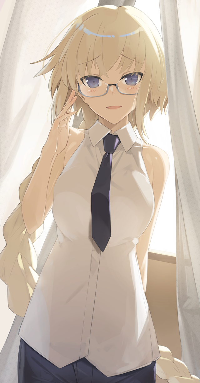 1girl adjusting_glasses bangs bare_arms bare_shoulders bespectacled black_necktie blonde_hair blue_eyes blush braid breasts fate/apocrypha fate_(series) glasses hayashi_kewi highres long_hair looking_at_viewer medium_breasts necktie parted_lips ruler_(fate/apocrypha) semi-rimless_glasses shirt single_braid sleeveless sleeveless_shirt smile solo under-rim_glasses upper_body very_long_hair white_shirt