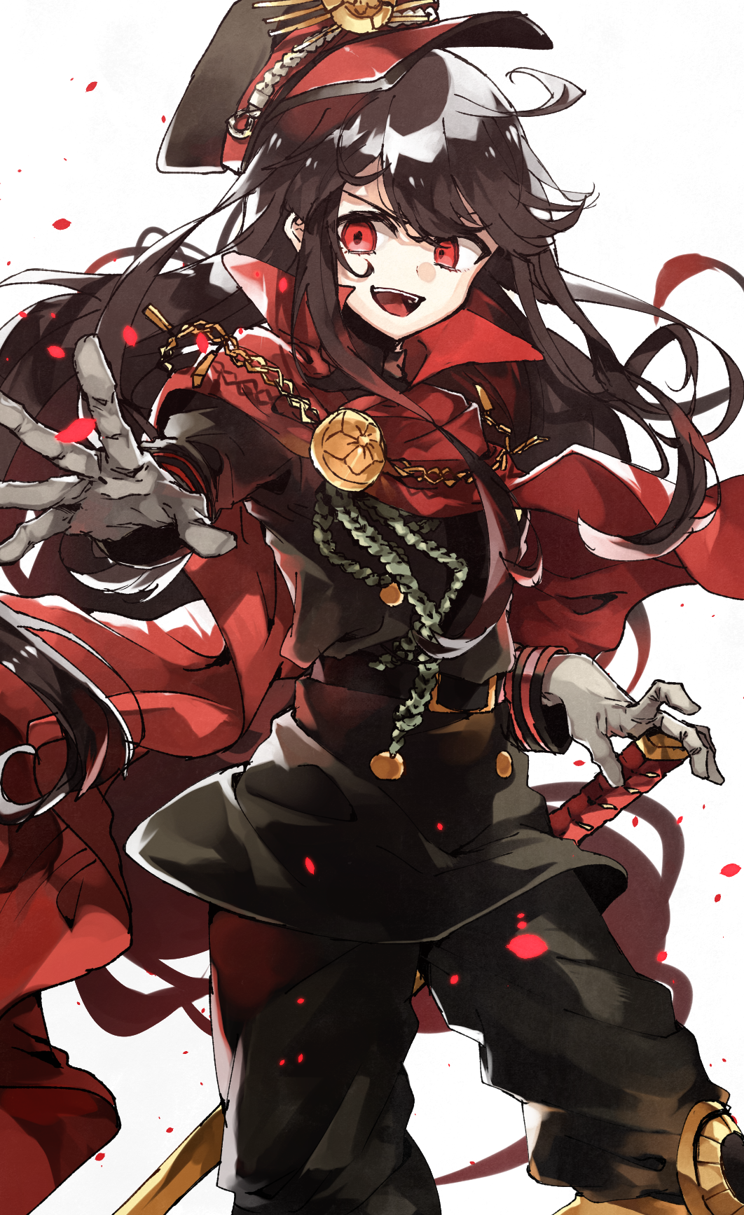 1girl black_hair cape chibirisu demon_archer fate/grand_order fate_(series) gloves hat highres japanese_clothes long_hair military military_uniform open_mouth red_eyes smile solo sword uniform weapon