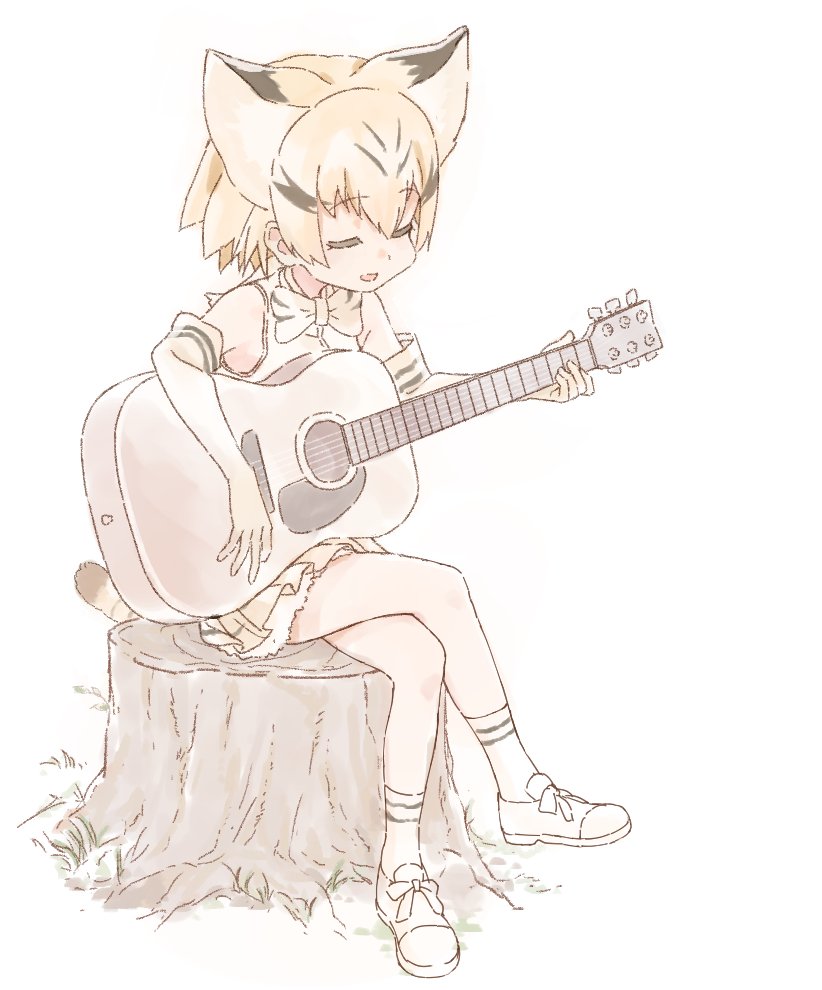 1girl acoustic_guitar animal_ears bangs bow bowtie cat_ears cat_tail closed_eyes elbow_gloves gloves guitar holding_instrument instrument kemono_friends legs_crossed megumegu_hosi_117 music muted_color open_mouth playing_guitar playing_instrument sand_cat_(kemono_friends) shoes short_hair sitting skirt sleeveless socks solo tail tree_stump white_background