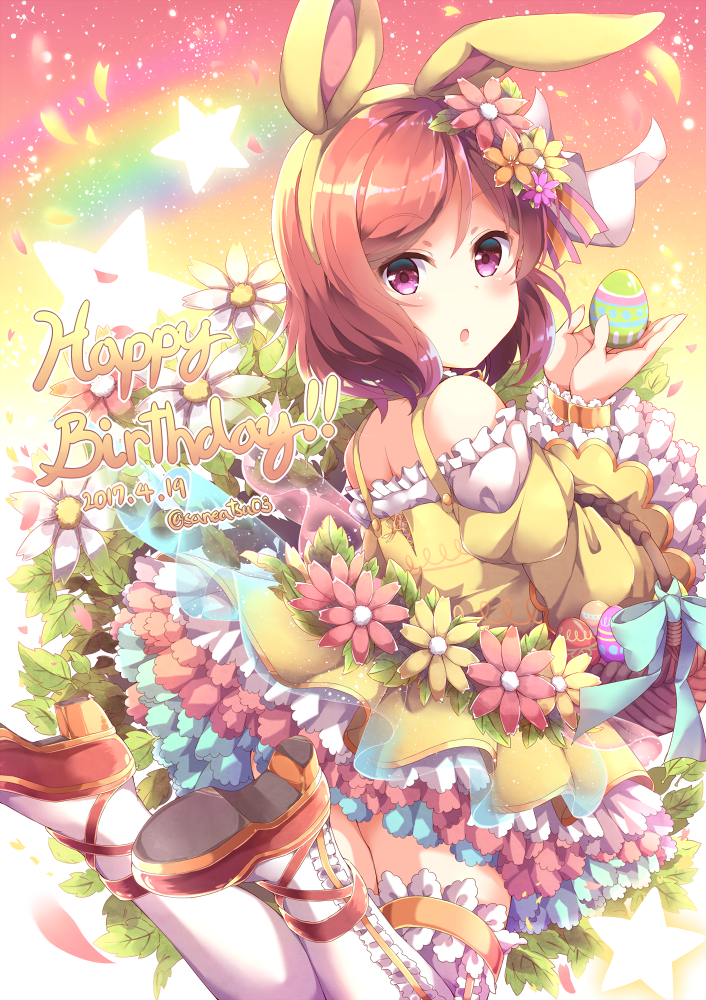 1girl :o animal_ears ankle_lace-up basket blush cross-laced_footwear dated dress easter easter_egg flower frilled_dress frilled_legwear frilled_sleeves frills hair_flower hair_ornament hairband happy_birthday high_heels jumping looking_back love_live! love_live!_school_idol_project nishikino_maki niwasane_(saneatsu03) petals rabbit_ears red_shoes redhead shoes solo star thigh-highs twitter_username violet_eyes white_legwear