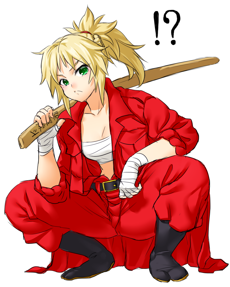 !? 1girl banchou bandage belt blonde_hair fate/grand_order fate_(series) green_eyes onsoku_maru pout saber_of_red sarashi short_hair simple_background solo squatting sword weapon white_background wooden_sword