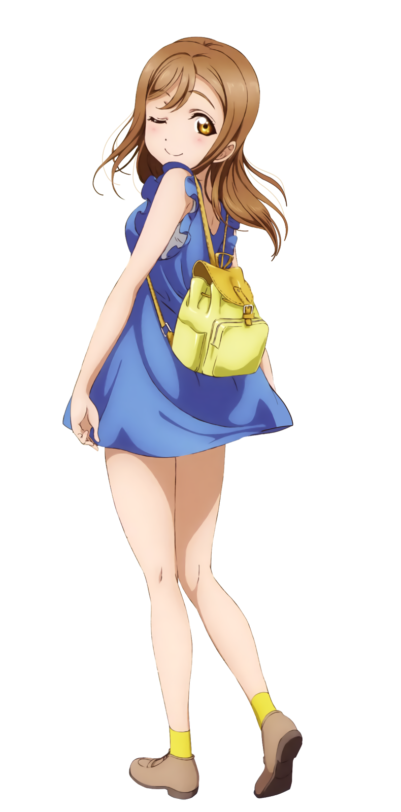 1girl ;) bag blue_dress brown_hair brown_shoes dress full_body highres kunikida_hanamaru long_hair looking_at_viewer looking_back love_live! love_live!_sunshine!! one_eye_closed shoes short_dress sleeveless sleeveless_dress smile socks solo standing transparent_background yellow_eyes yellow_legwear