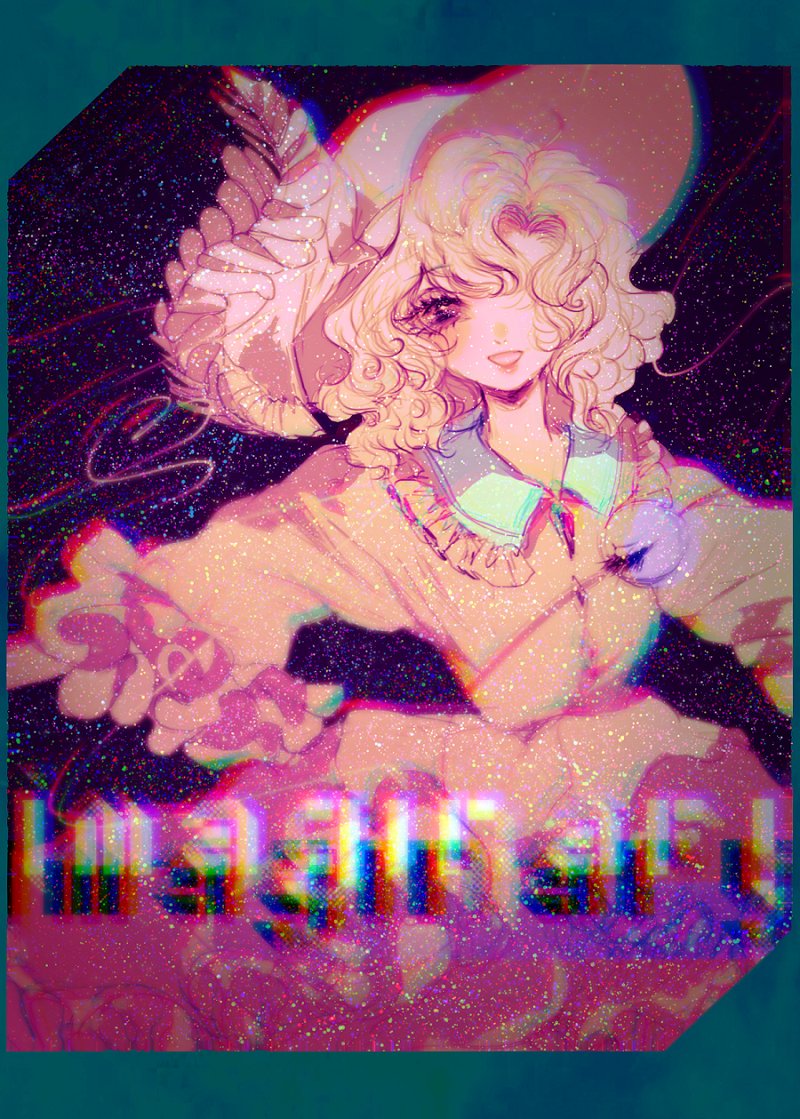 1girl anaglyph bangs curly_hair distortion eyeball eyelashes frills hair_over_one_eye hat heart heart_of_string komeiji_koishi kuyuru_(vocalo520) long_sleeves looking_at_viewer one_eye_covered open_mouth pink_eyes shirt short_hair silver_hair skirt smile solo string text third_eye touhou wide_sleeves