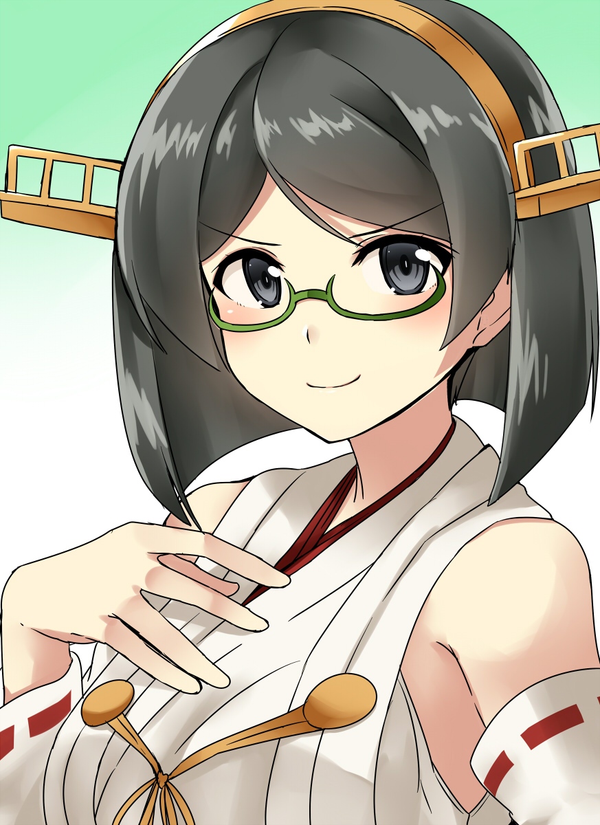 &gt;:) 1girl bangs bare_shoulders black_hair blue_eyes blush breasts close-up closed_mouth commentary_request detached_sleeves eyebrows eyebrows_visible_through_hair eyelashes face glasses gradient gradient_background green-framed_eyewear hand_on_own_chest headgear highres japanese_clothes kamelie kantai_collection kimono kirishima_(kantai_collection) long_sleeves looking_at_viewer medium_breasts nontraditional_miko parted_bangs red_ribbon remodel_(kantai_collection) ribbon ribbon-trimmed_sleeves ribbon_trim semi-rimless_glasses shiny shiny_hair short_hair sleeveless sleeveless_kimono smile solo under-rim_glasses upper_body white_kimono