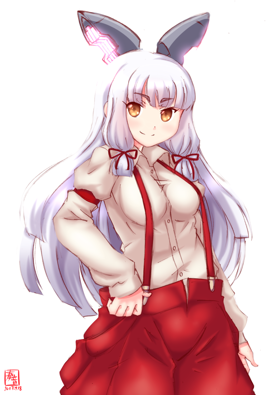 1girl alternate_costume arm_at_side breasts cosplay dated fujiwara_no_mokou fujiwara_no_mokou_(cosplay) hair_ribbon hand_on_hip headgear highres kanon_(kurogane_knights) kantai_collection long_hair long_sleeves look-alike looking_at_viewer medium_breasts murakumo_(kantai_collection) pants red_pants ribbon shirt short_eyebrows sidelocks signature silver_hair smile suspenders touhou very_long_hair white_shirt yellow_eyes