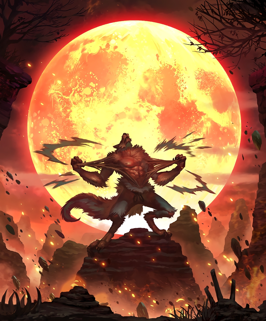 artist_request bone embers floating_rock grass howling moon mountain muscle no_humans official_art pants red_moon red_sky shadowverse sky tail tearing_clothes torn_clothes tree werewolf