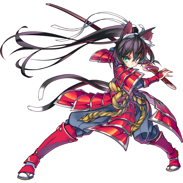 1girl animal_ears aqua_eyes armor astral_gazer black_hair cat_ears cat_tail floating_hair full_body hair_ribbon holding holding_sword holding_weapon japanese_armor long_hair looking_at_viewer multiple_tails ponytail ribbon sheath sheathed smile solo sword tail transparent_background very_long_hair weapon wide_stance