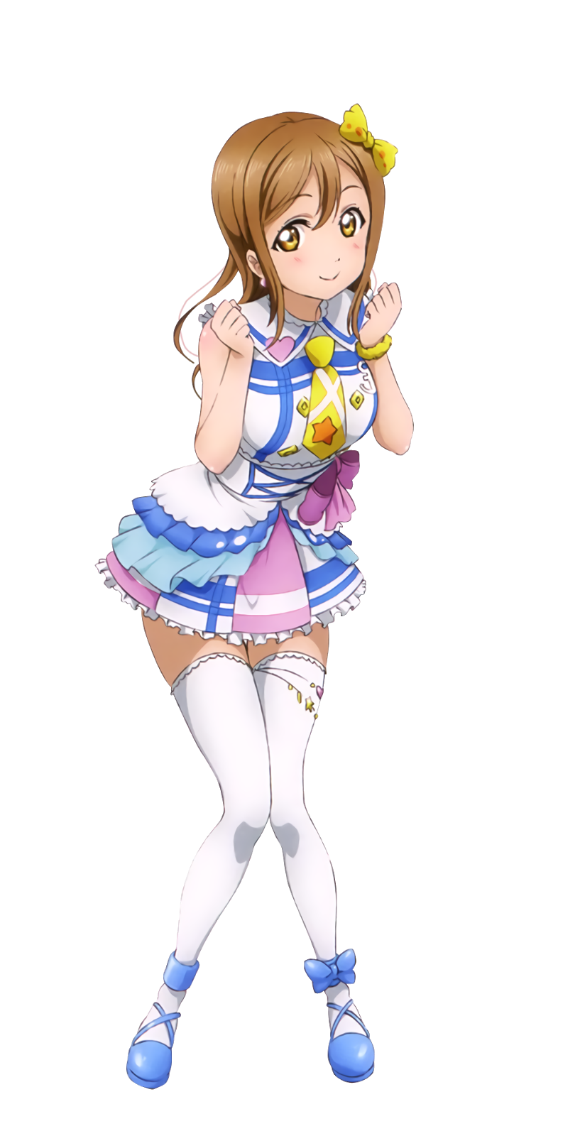 1girl blue_bow bow brown_hair frilled_skirt frills full_body hair_bow heart highres kunikida_hanamaru layered_skirt leaning_forward looking_at_viewer love_live! love_live!_sunshine!! necktie short_hair short_necktie skirt smile solo standing thigh-highs transparent_background white_legwear wrist_cuffs yellow_bow yellow_eyes yellow_necktie