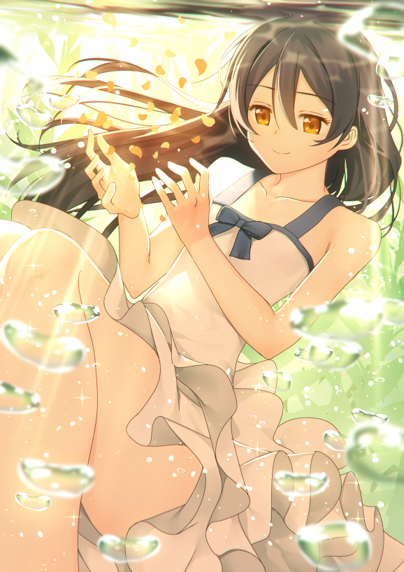 1girl air_bubble bangs black_hair brown_eyes closed_mouth collarbone dress eyebrows_visible_through_hair flat_chest hair_between_eyes hands_up light_smile long_hair love_live! love_live!_school_idol_project nagareboshi petals smile solo sonoda_umi thighs underwater white_dress yellow_eyes