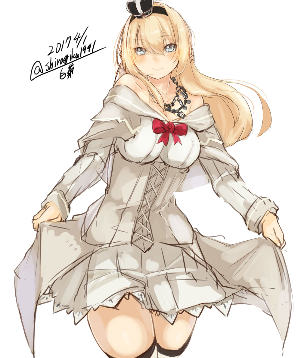 1girl 2017 bare_shoulders blonde_hair blue_eyes braid cowboy_shot crown dated dress dress_shirt flower french_braid jewelry kantai_collection long_hair long_sleeves mini_crown necklace off-shoulder_dress off_shoulder red_ribbon red_rose ribbon rose shiragiku1991 shirt signature simple_background solo thigh-highs twitter_username warspite_(kantai_collection) white_background white_dress