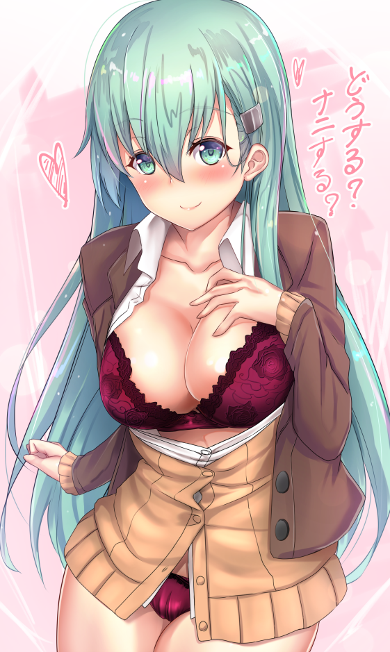 1girl aqua_eyes aqua_hair blush bra breasts brown_blazer brown_jacket cleavage collarbone eyebrows_visible_through_hair hair_between_eyes hair_ornament hairclip hand_on_own_chest heart kantai_collection lace lace-trimmed_bra lace-trimmed_panties large_breasts long_hair long_sleeves looking_at_viewer navel no_pants open_clothes panties purple_background purple_bra purple_panties remodel_(kantai_collection) shirt simple_background skindentation smile solo straight_hair suzuya_(kantai_collection) translated underwear untsue white_background white_shirt