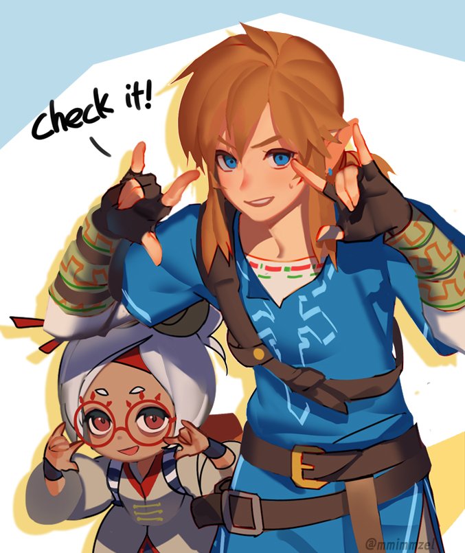 1boy 1girl bag blonde_hair blue_eyes english fingerless_gloves glasses gloves hair_ornament link looking_at_viewer mimme_(haenakk7) pointy_ears pose purah red_eyes smile sweatdrop text the_legend_of_zelda the_legend_of_zelda:_breath_of_the_wild twitter_username white_hair