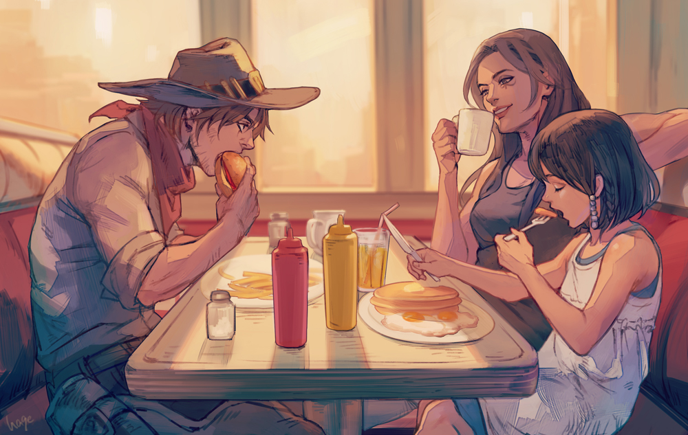 1boy 2girls ana_(overwatch) breasts brown_hair butter_knife captain_amari cowboy_hat cup dark_skin drinking_straw eating egg facial_mark facial_tattoo food fork fried_egg hair_tubes hamburger hat knife long_hair mccree_(overwatch) mother_and_daughter mug multiple_girls mustard overwatch pancake parted_lips pharah_(overwatch) sae_(revirth) salt_shaker signature smile table tattoo younger