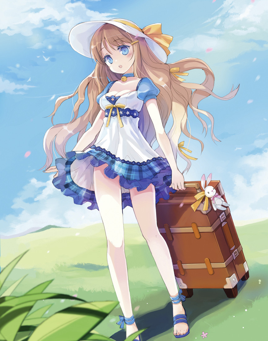 1girl artist_request barefoot blue_eyes blush bow_tie brown_hair chocker cleavage dress hairclip jingle_bell key_chain mini_dress open_mouth ribbon solo suitcase sun_hat tagme very_long_hair wavy_hair