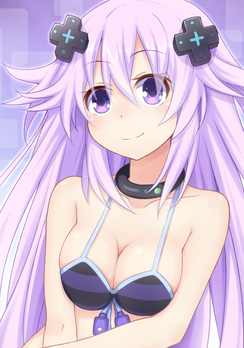 1girl adult_neptune alternate_costume bikini blush breasts choujigen_game_neptune closed_mouth collarbone d-pad doria_(5073726) eyebrows_visible_through_hair flower front-tie_bikini front-tie_top gradient gradient_background hair_between_eyes hair_ornament kami_jigen_game_neptune_v long_hair looking_at_viewer medium_breasts neptune_(series) purple_hair shin_jigen_game_neptune_vii side-tie_bikini smile solo stomach swimsuit thigh_gap upper_body v_arms violet_eyes