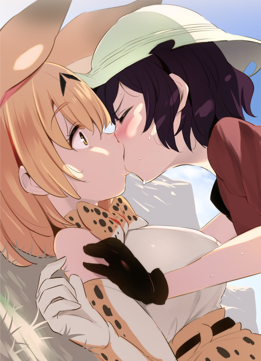 2girls animal_ears black_hair blonde_hair blush breasts bucket_hat cat_ears closed_eyes commentary_request eyebrows_visible_through_hair girl_on_top gloves hat highres kaban kemono_friends kiss large_breasts multiple_girls noripachi ribbon serval_(kemono_friends) serval_ears serval_print short_hair skirt smile sweat tail yellow_eyes yuri