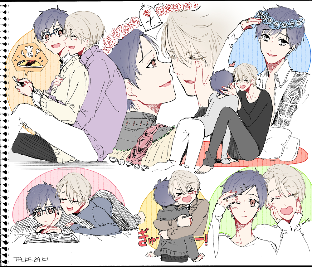 &gt;_&lt; 2boys :d ^_^ all_fours black_hair blue-framed_eyewear book brown_eyes cellphone closed_eyes collage flower glasses hair_ornament hairclip hand_on_another's_face hands_on_own_cheeks hands_on_own_face head_wreath heart hug hug_from_behind jewelry katsuki_yuuri lying male_focus multiple_boys on_stomach one_eye_closed open_book open_mouth phone reading ring rose silver_hair sitting smartphone smile takezaki_(artist) viktor_nikiforov yaoi yuri!!!_on_ice