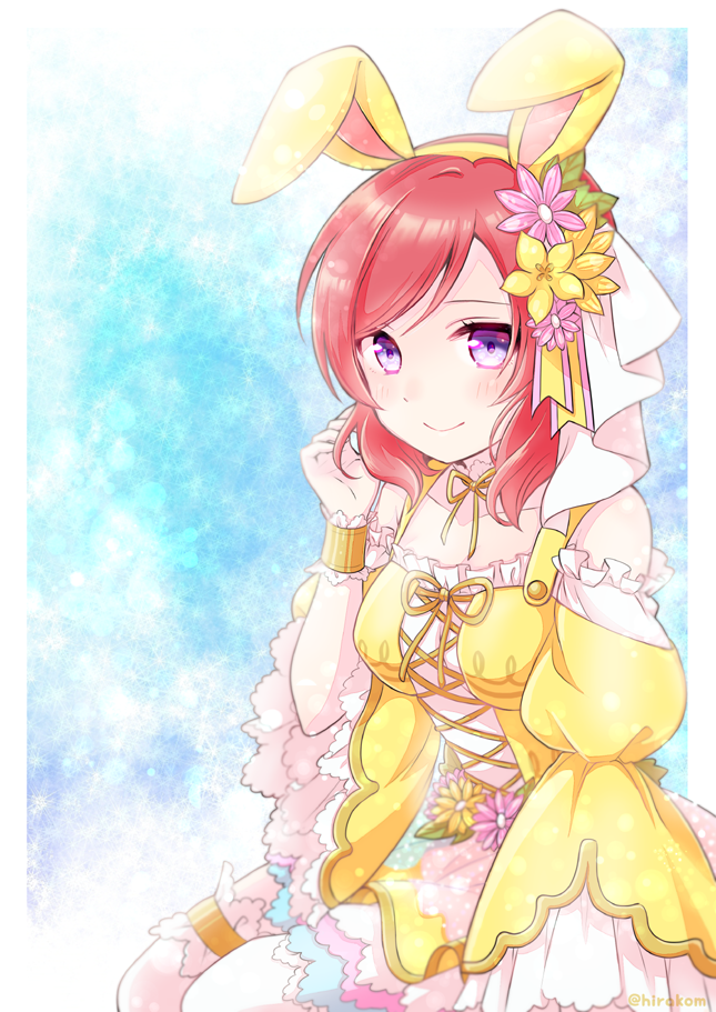 1girl animal_costume animal_ears birthday breasts bunny_costume flower hair_flower hair_ornament happy_birthday hirako love_live! love_live!_school_idol_project medium_breasts nishikino_maki rabbit_ears redhead short_hair sitting violet_eyes