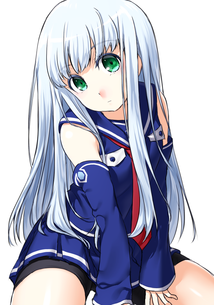 1girl aoki_hagane_no_arpeggio bare_shoulders blue_hair character_request detached_sleeves green_eyes iona long_hair looking_at_viewer onsoku_maru simple_background skirt solo thighs white_background